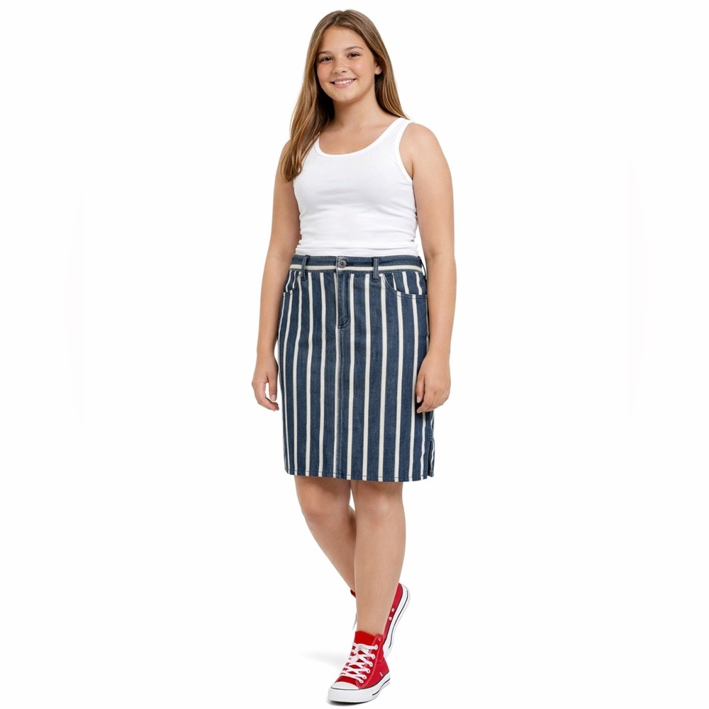 Blue and White Knee-Length Pencil Skirt with Slit